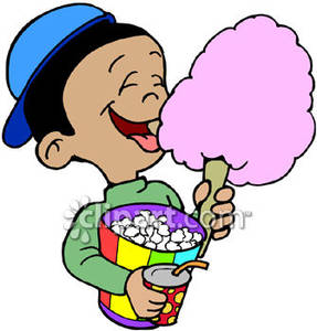 Boy Eating Cotton Candy And Popcorn   Royalty Free Clipart Picture