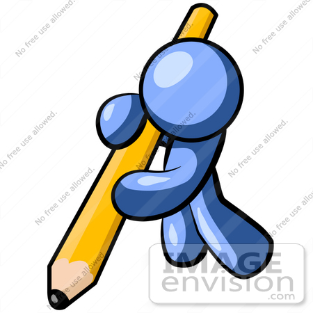 Clip Art Graphic Of A Blue Guy Character Leaning Heavily While Writing    