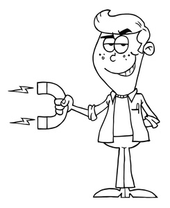 Clip Art Image In Black And White Of A Mishchievous Man With A Magnet