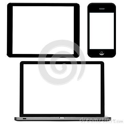 Laptop Digital Tablet And Phone With Blank Screens On White