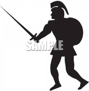 Silhouette Of A Roman Soldier Holding A Sword And Shield   Royalty