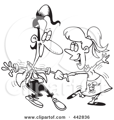Cartoon Black And White Outline Design Of A 50s Styled Couple Dancing