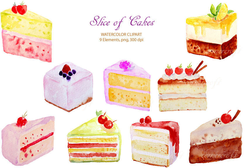 Hand Painted Watercolour Clipart Cake Slices Instant Download    