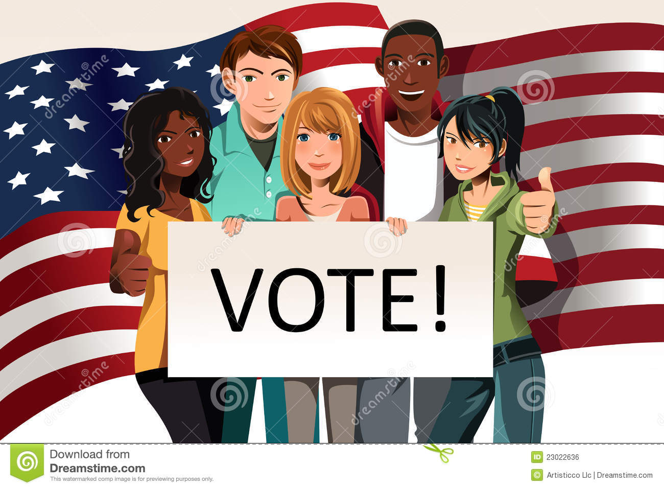 Vector Illustration Of A Group Of Young Adults Holding A Vote Sign