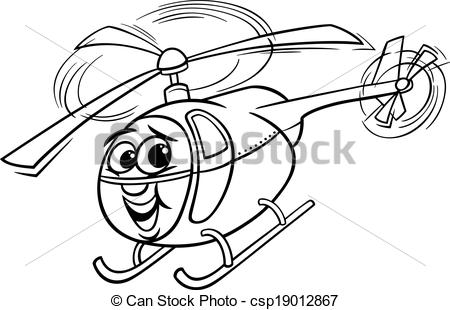 Black And White Cartoon Illustration Of Funny Helicopter Or Chopper