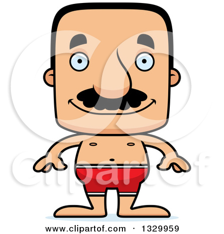 Cartoon Happy Block Headed Hispanic Swimmer Man With A Mustache