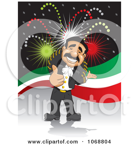 Clipart Happy Hispanic Man Presenting Against Fireworks   Royalty Free    