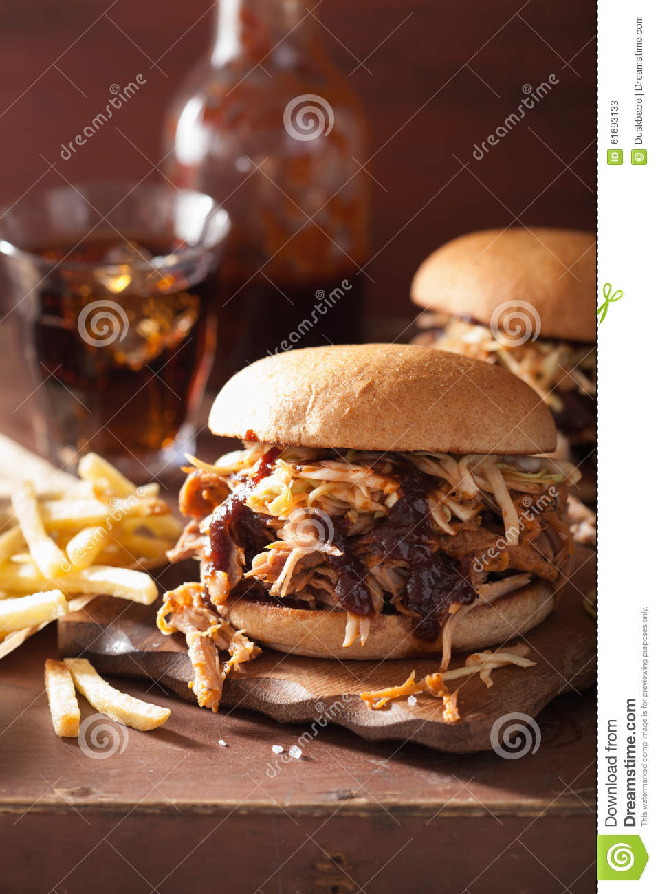 Homemade Pulled Pork Burger With Coleslaw And Bbq Sauce Stock Photo    