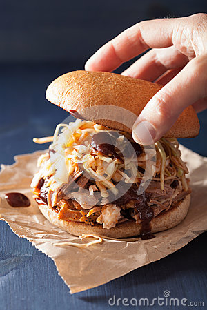 Homemade Pulled Pork Burger With Coleslaw And Bbq Sauce Stock Photo    