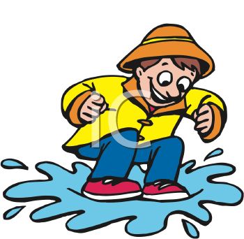 3736 Cartoon Of A Happy Boy Jumping In A Rain Puddle Clipart Image Jpg