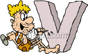 Caveman Carving The Letter V   Royalty Free Clipart Picture