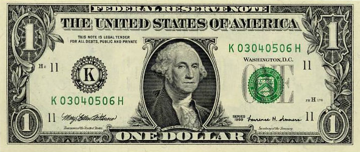 George Washington On Money   1 Dollar Bill