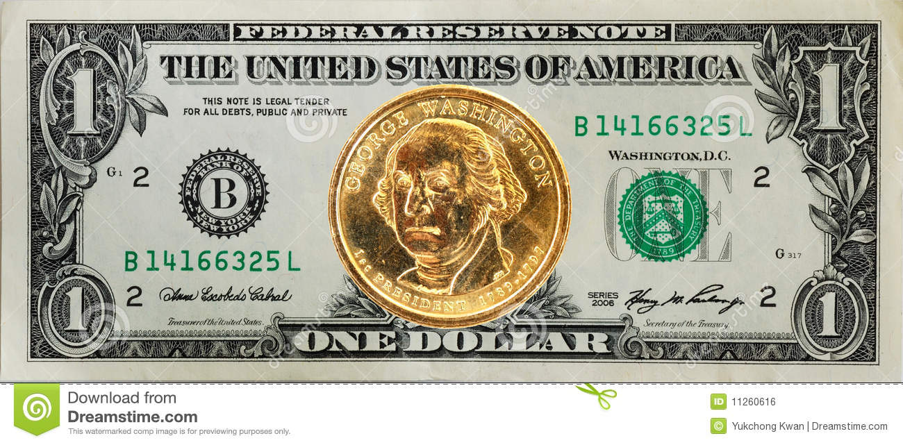 The  1 Dollar Bill With The Dollar Coin On The Top Royalty Free Stock