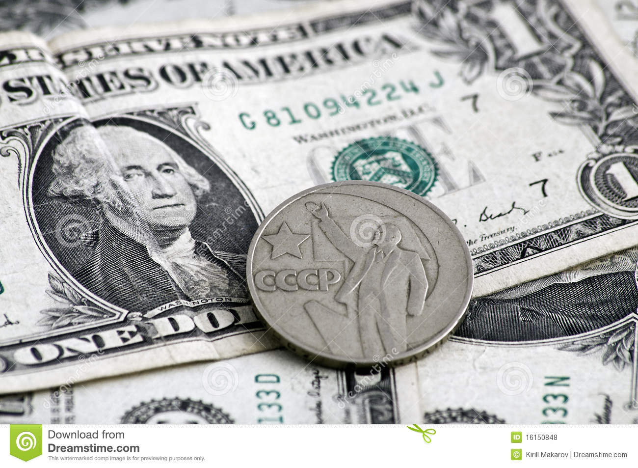 The  1 Dollar Bill With The Soviet Coin On The Top Royalty Free Stock