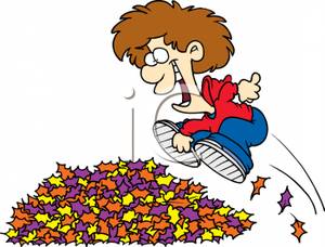 Boy Jumping Into A Pile Of Leaves   Royalty Free Clipart Picture