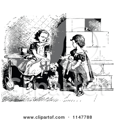 Clipart Of A Retro Vintage Black And White Sisters Playing With Dolls
