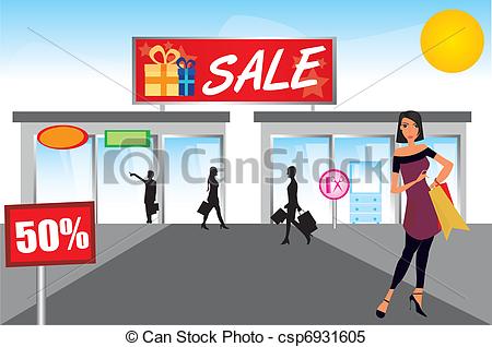 Clipart Vector Of Woman Shopping Over Mall With Sky Background