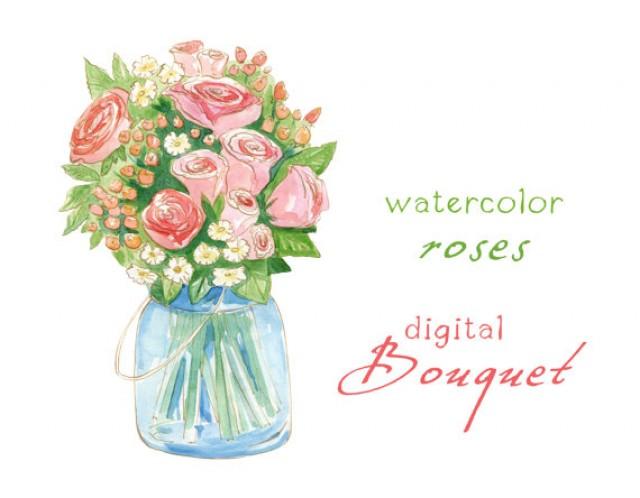 Digital Clipart Watercolor Flowers Rose Bouquet Wedding Bouquet