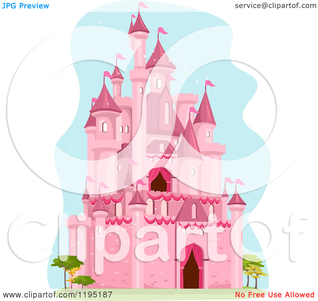 Fairy Tale Castle And Trees Over Blue   Royalty Free Vector Clipart    