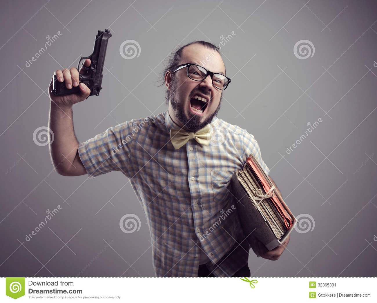 Office Worker Shouting With A Gun On Grey Background