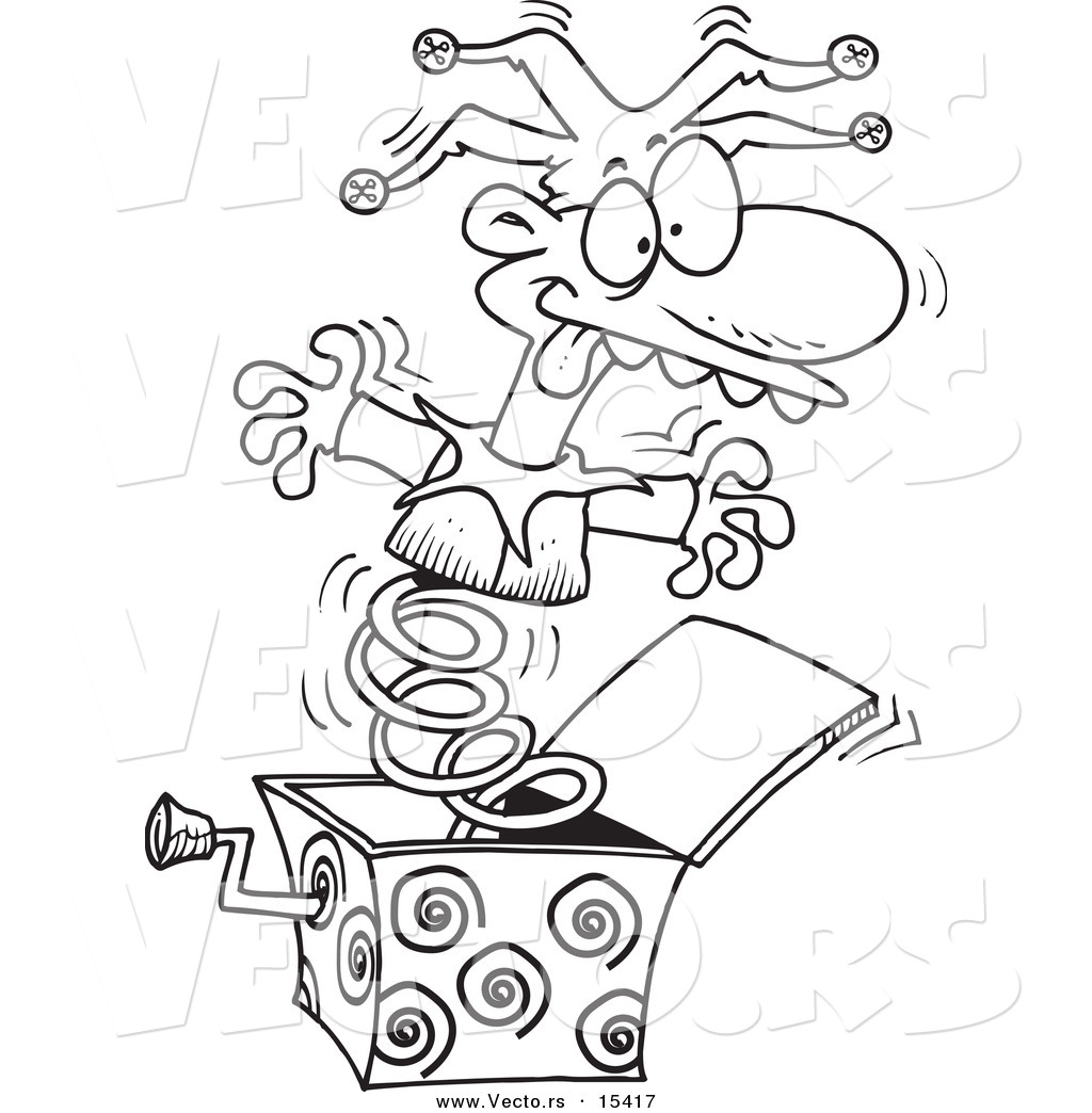 Vector Of A Cartoon Jack In The Box Opening Up   Coloring Page Outline