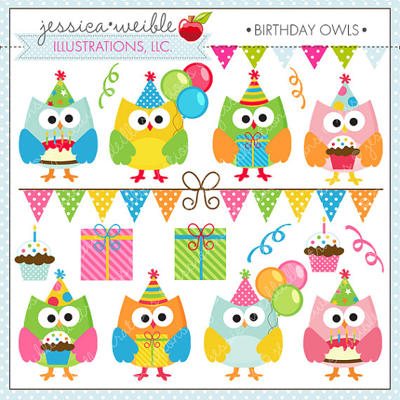 Birthday Owls Cute Digital Clipart For Card Design Scrapbooking And