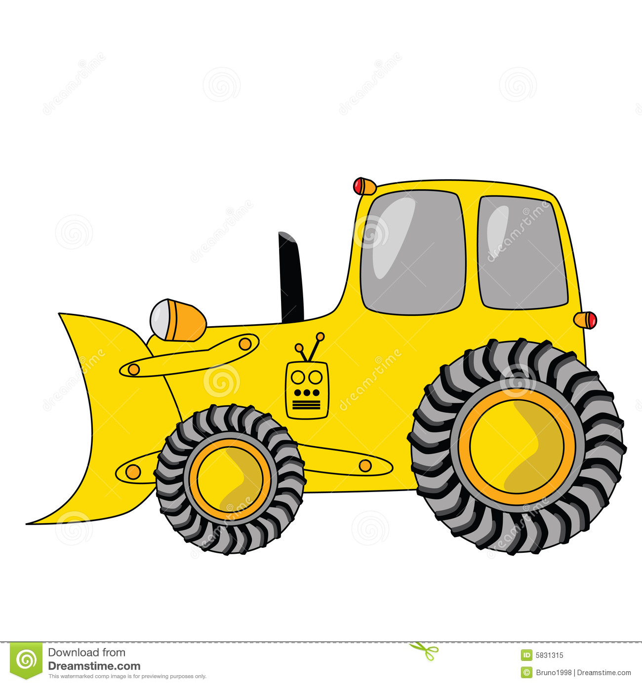 Cartoon Illustration Of A Yellow Bulldozer With Tractor Tires