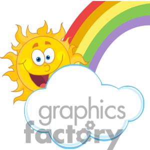 Happy Sun Mascot Cartoon Character Hiding Behind Cloud And Rainbow