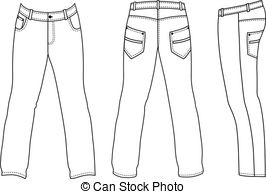 Mans Jeans Front Back Side View   Outline Black White   