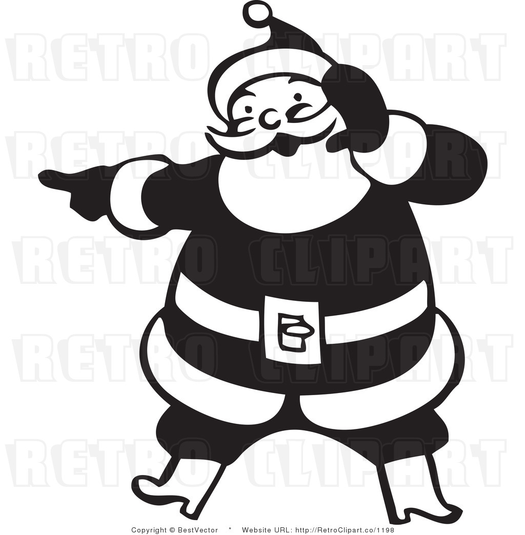 Royalty Free Black And White Retro Vector Clip Art Of A Santa Pointing