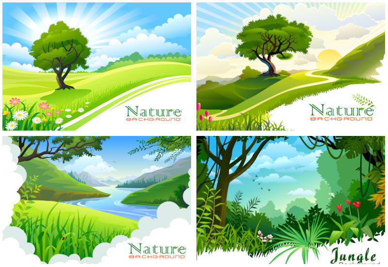 Set Of 4 Vector Nature Landscape Backgrounds With Forests And Jungle