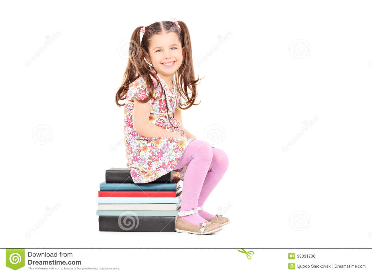 Shy Girl Sitting On A Stack Of Books Royalty Free Stock Image   Image