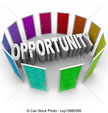 Stock Photo   Opportunity Word Doors Open To Big Chance For New Future