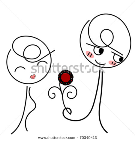 Vector Illustration Of A Shy Boy Giving A Flower To His Girlfriend