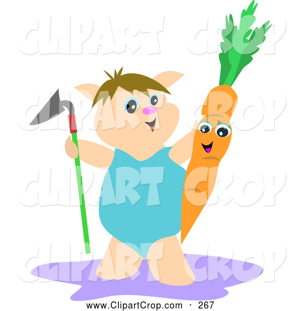 Clip Art Vector Of A Cute Farmer Pig Holding A Shovel And Carrot By