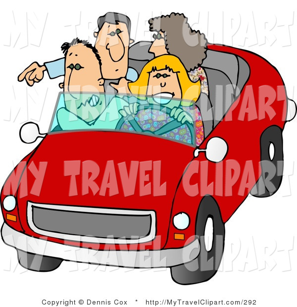 Clipart Of A Family And Friends Going On A Road Trip In A Red Compact    