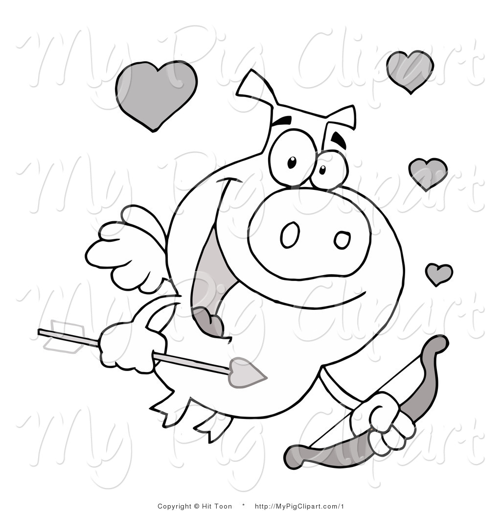 Clipart Of An Outlined Pig Cupid Flying A Bow And Arrow With Hearts    