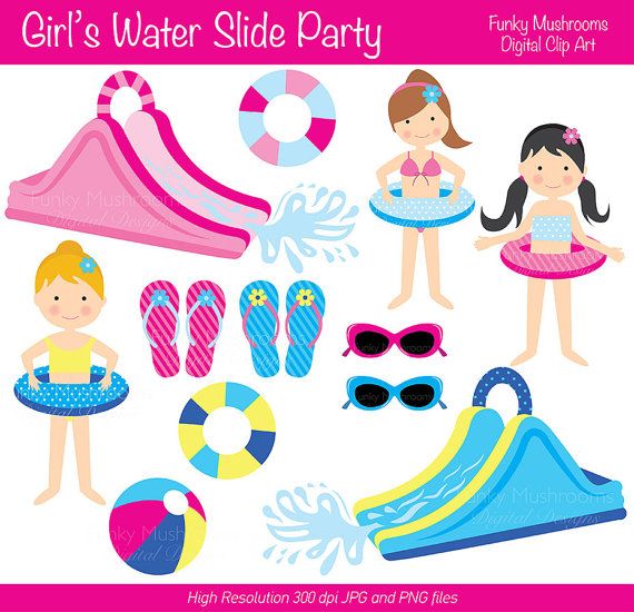 Digital Clipart Girl S Water Slide Party For By Funkymushrooms  3