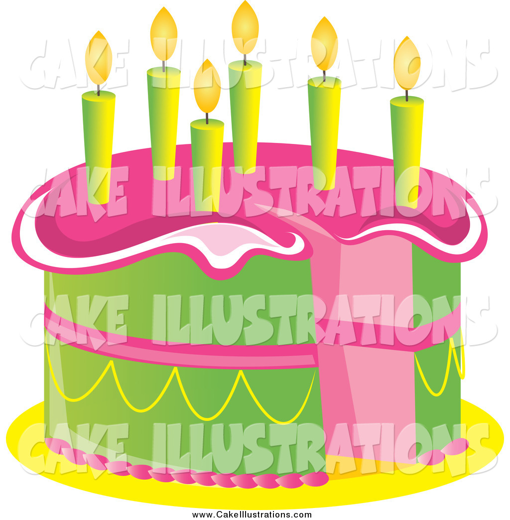 Illustration Vector Of A Pink And Green Birthday Cake With Lit Candles