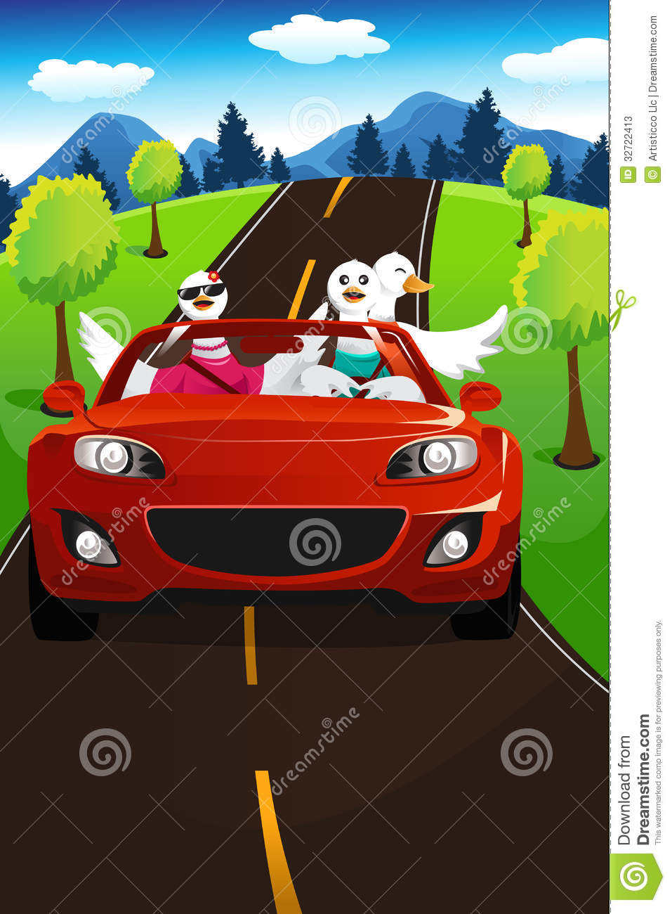 Vector Illustration Of Group Of Swans Going On A Road Trip
