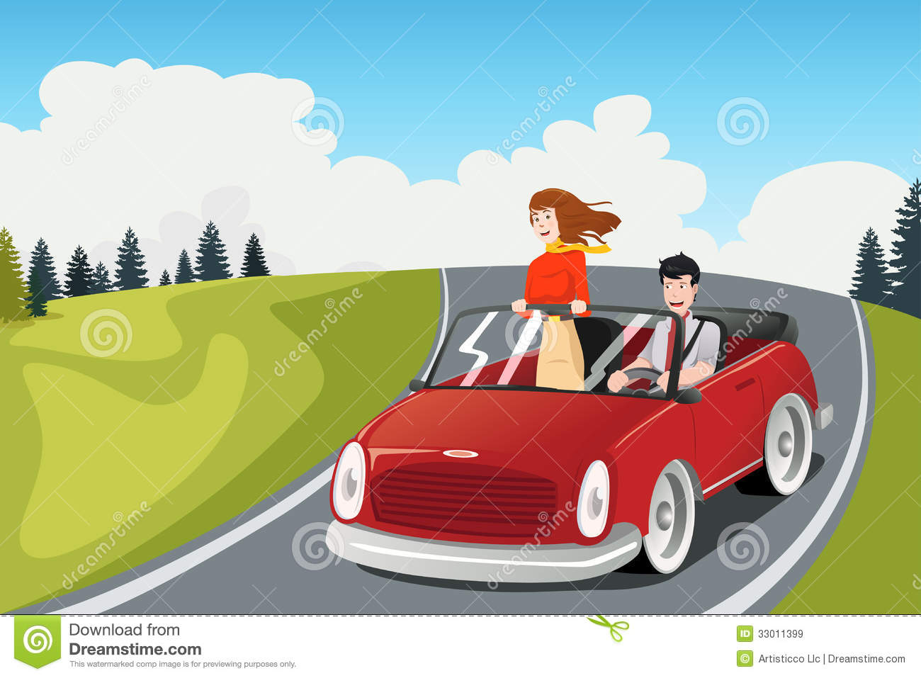 Vector Illustration Of Happy Couple Riding A Car Going On A Road Trip