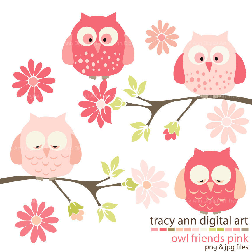 Baby Pink Owl Clip Art Owls On Branches By Tracyanndigitalart