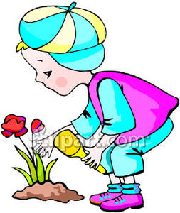 Child Planting A Red Flower Plant   Royalty Free Clipart Picture