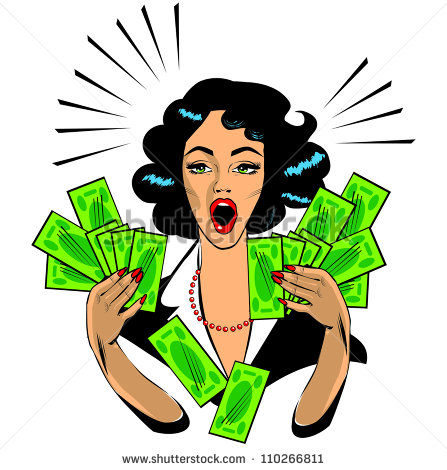 Clipart Illustration Of A Retro Woman Holding Handfulls Of Cash And