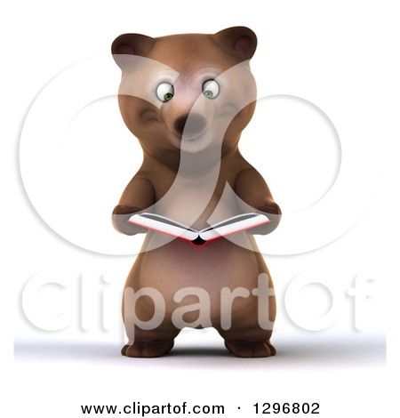 Clipart Of A 3d Happy Brown Bear Reading A Book   Royalty Free