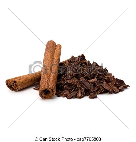 Crushed Chocolate Shavings Pile And Cinnamon Sticks Isolated On White