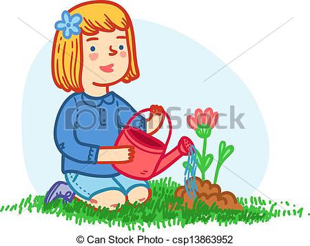 Vector   Little Girl Planting Flowers   Stock Illustration Royalty