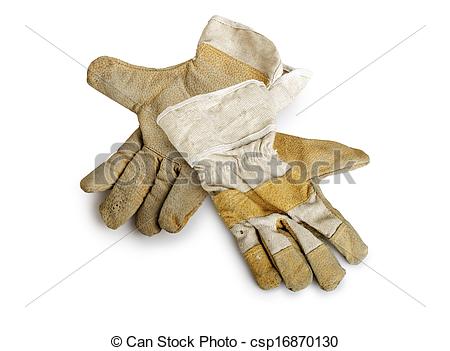 Well Worn Pair Of Canvas And Leather Work Gloves On White Background