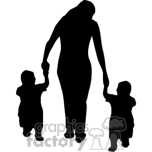 Woman Holding Hands With Two Small Small Kids Silhouettes
