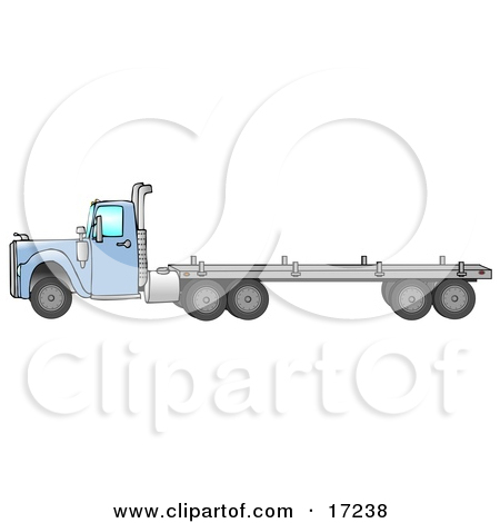 Blue Big Rig Diesel Tractor Trailer Truck With A Flat Bed In Profile    